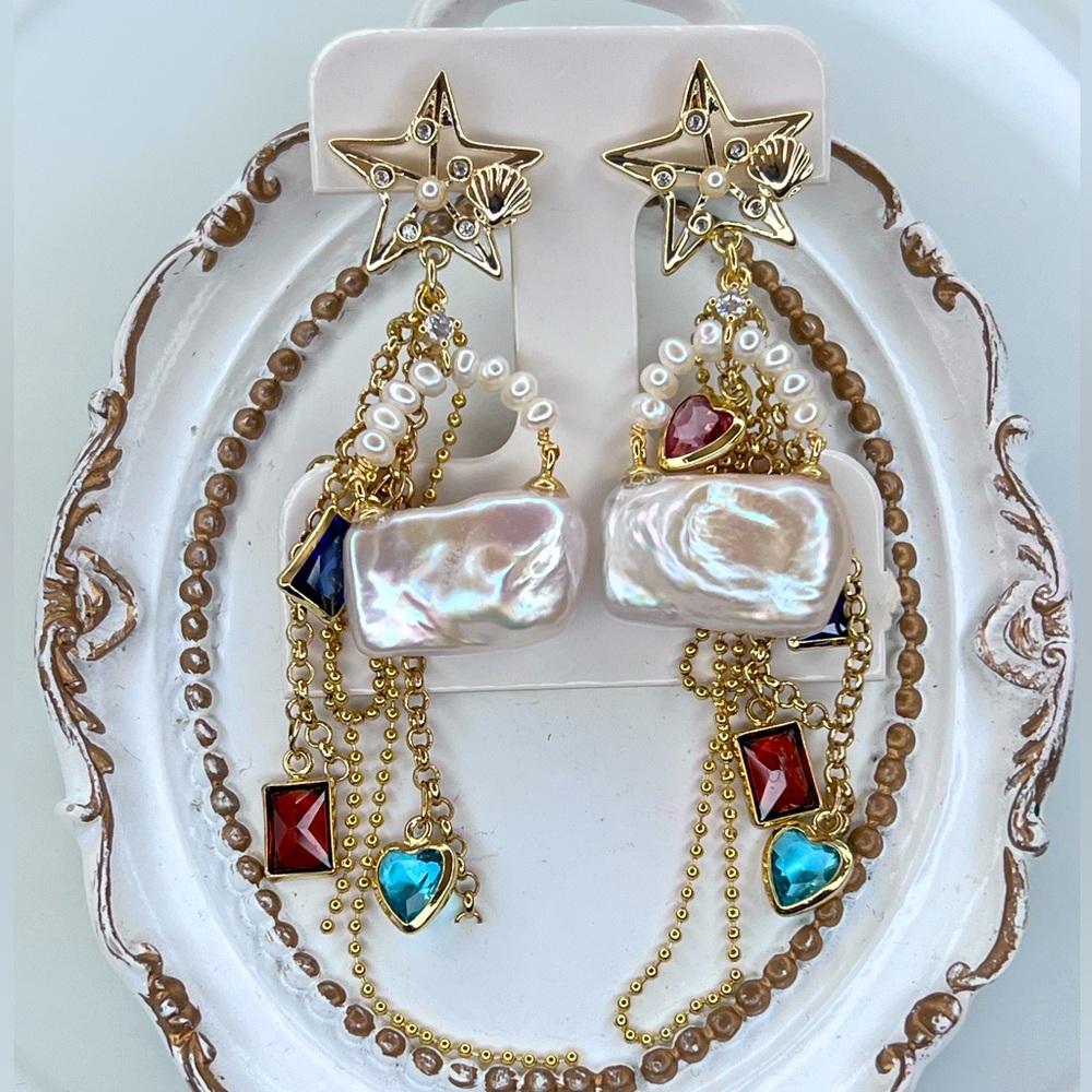 Handmade Freshwater Pearl Purse 👛 Color Crystal Earrings S925 SS Posts ⭐️
